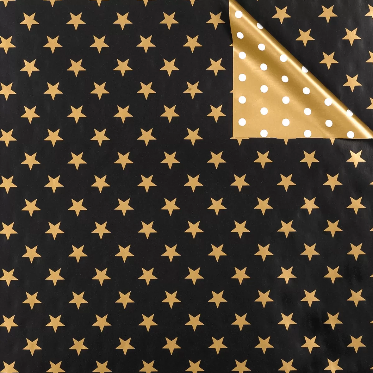 Hot DecoWoerner Doppelseitiges Weihnachts-Geschenkpapier In Schwarz & Mit Sternen & Punkten – 50 M Geschenkpapier-Rolle gold