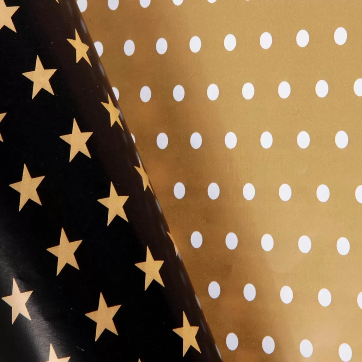 Hot DecoWoerner Doppelseitiges Weihnachts-Geschenkpapier In Schwarz & Mit Sternen & Punkten – 50 M Geschenkpapier-Rolle gold