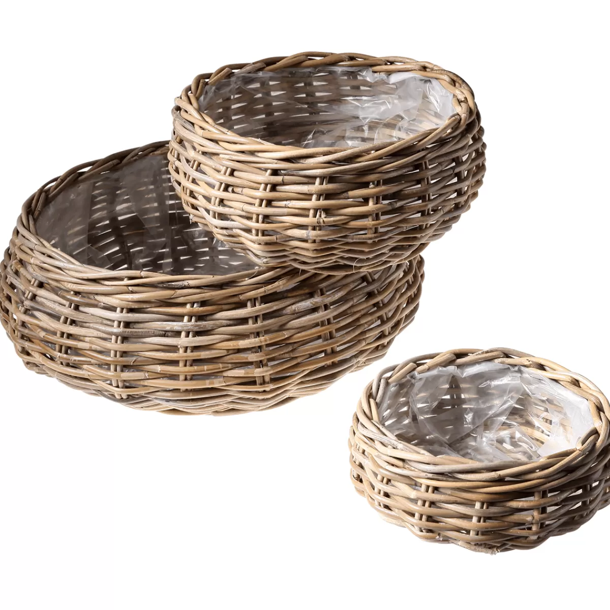 Discount DecoWoerner Rattan-Pflanzkorb-Set Rund, 3-teilig, Ø25cm X 12cm, Ø36cm X 14cm, Ø45cm X 22cm braun