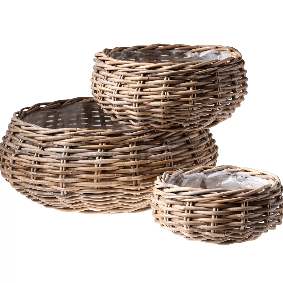 Discount DecoWoerner Rattan-Pflanzkorb-Set Rund, 3-teilig, Ø25cm X 12cm, Ø36cm X 14cm, Ø45cm X 22cm braun